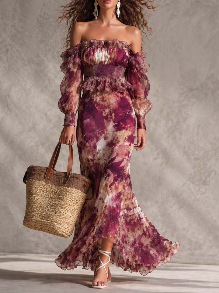 Robe Maxi en Chiffon Rose avec Épaules Dégagées