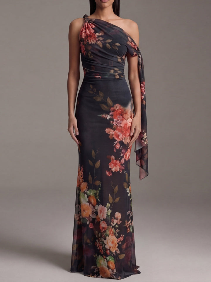 Robe Maxi Plissée en Chiffon Imprimé Noir à Épaule Unique