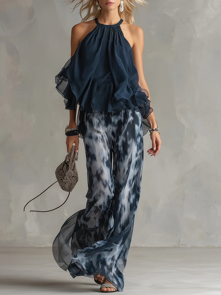 Haut à Encolure Halter Marine et Pantalons Amples Imprimés en Chiffon
