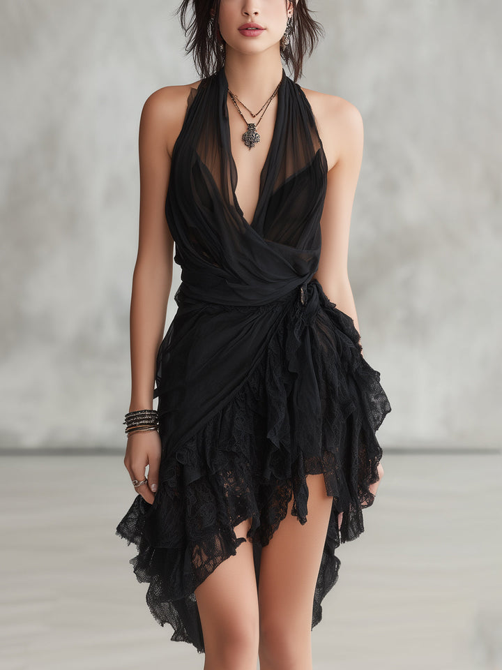 Robe Mini en Dentelle Noire avec Décolleté Halter et Volants