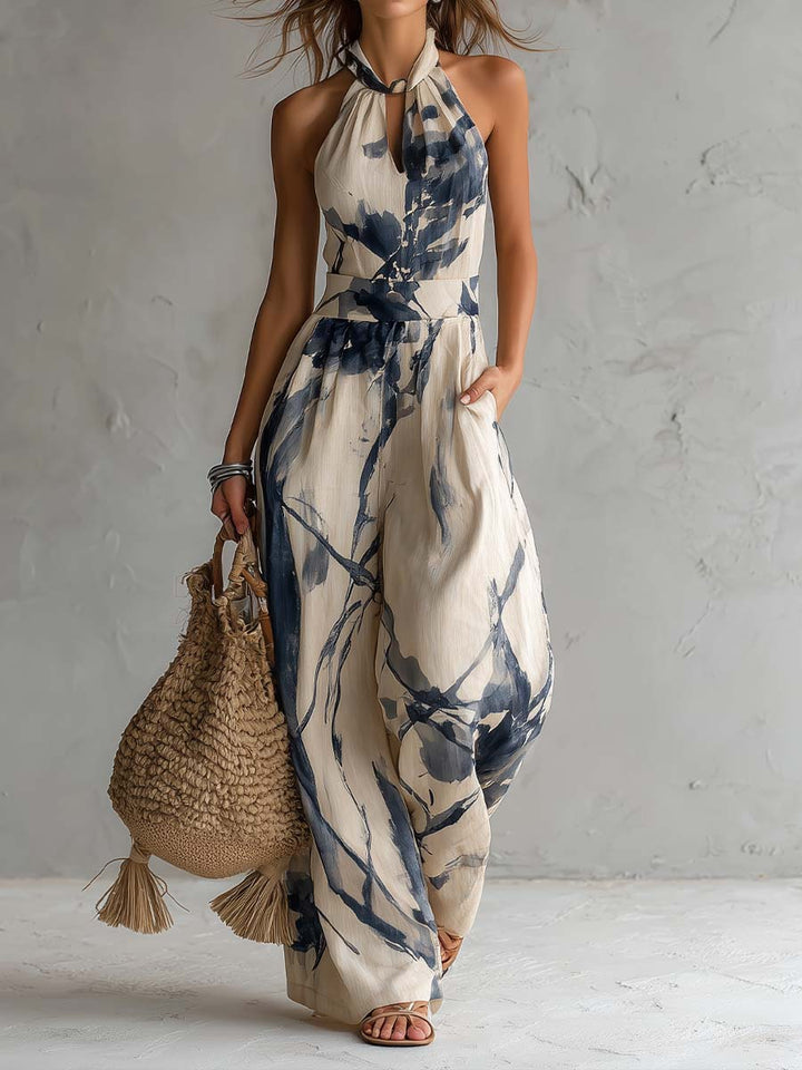 Combinaison à Décolleté Halter avec Imprimé Encre et Pantalons Amples avec Poches