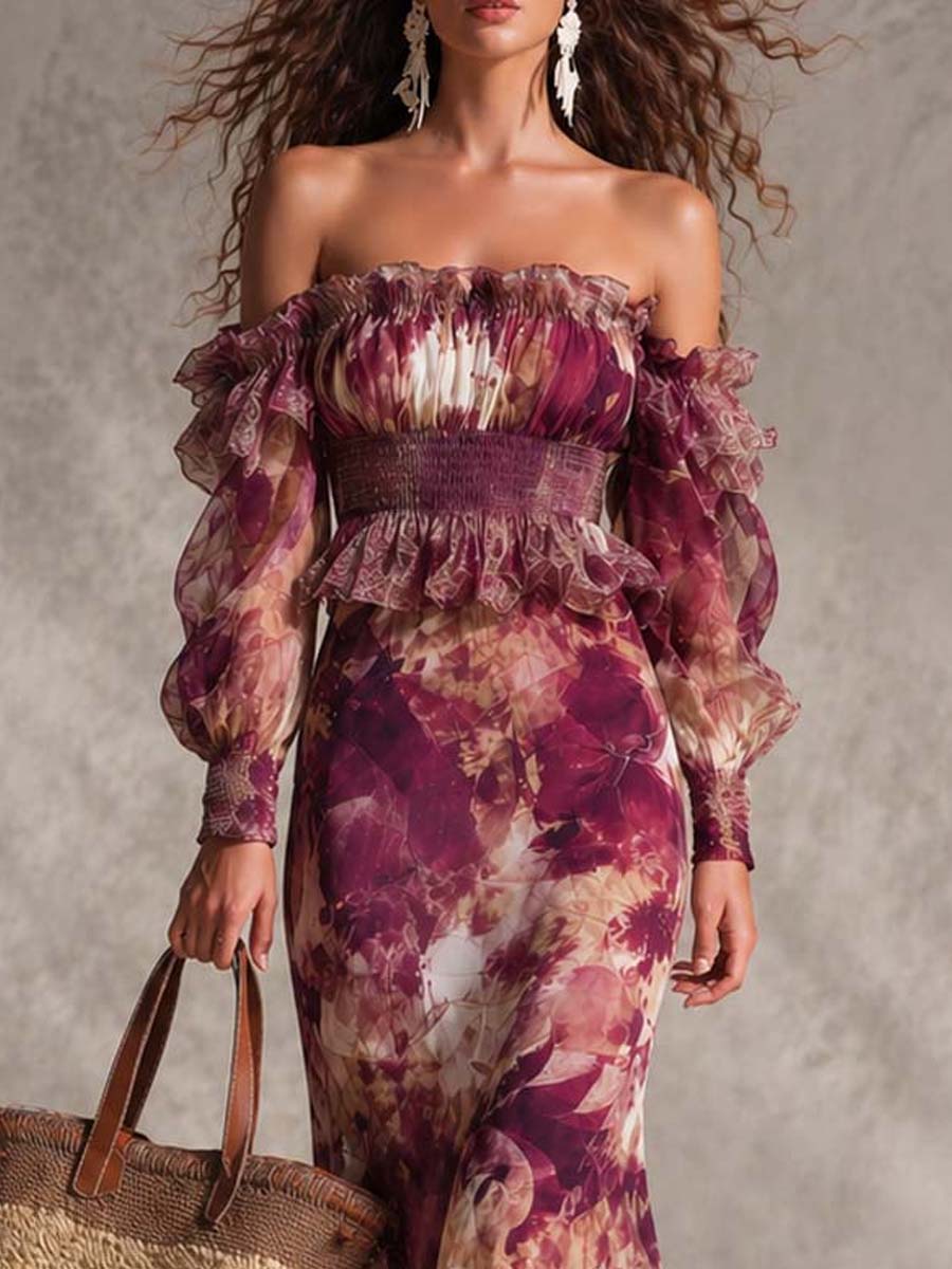 Robe Maxi en Chiffon Rose avec Épaules Dégagées