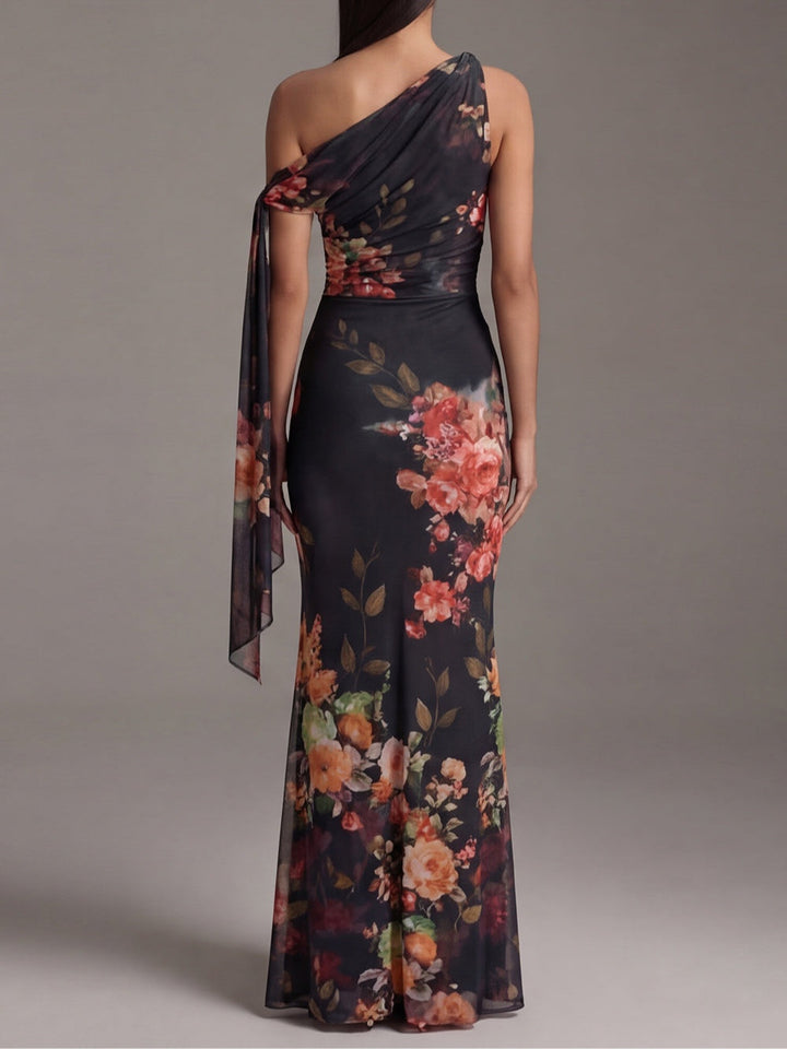 Robe Maxi Plissée en Chiffon Imprimé Noir à Épaule Unique