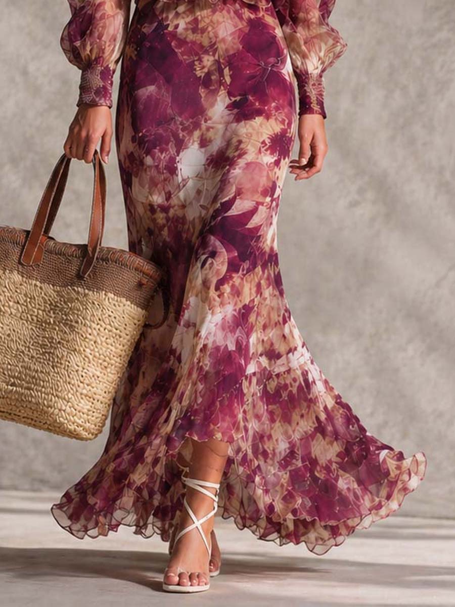 Robe Maxi en Chiffon Rose avec Épaules Dégagées