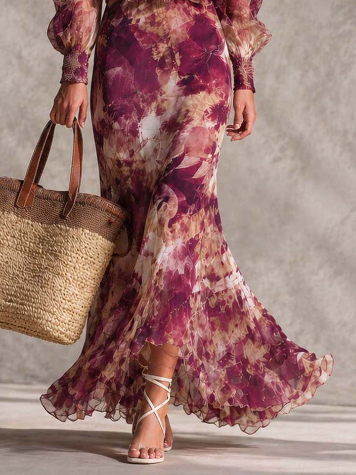 Robe Maxi en Chiffon Rose avec Épaules Dégagées