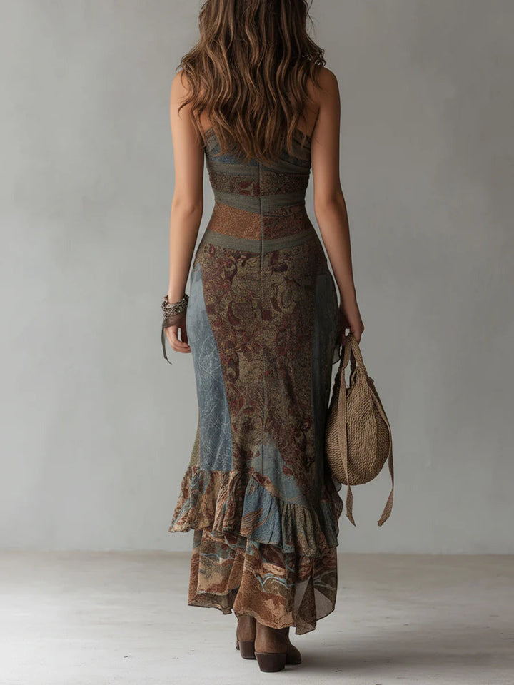 Robe Maxi Imprimée de Style Ethnique avec Épaules Dégagées et Fente Haute