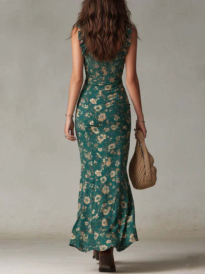 Robe Maxy Imprimée Verte Bohémienne avec Manches Volantes