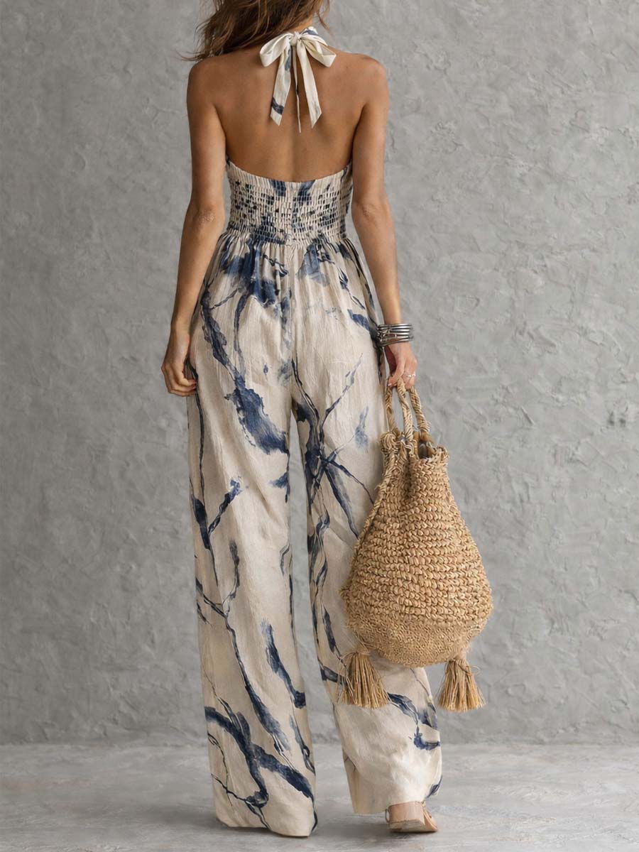 Combinaison à Décolleté Halter avec Imprimé Encre et Pantalons Amples avec Poches