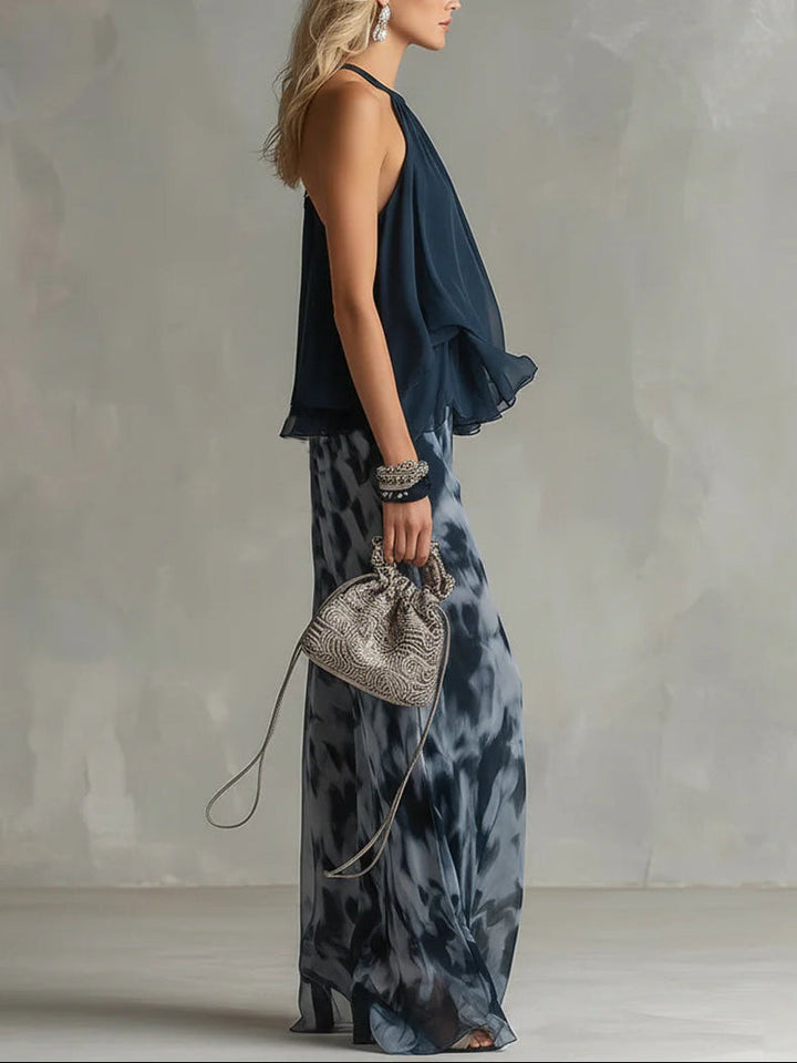 Haut à Encolure Halter Marine et Pantalons Amples Imprimés en Chiffon