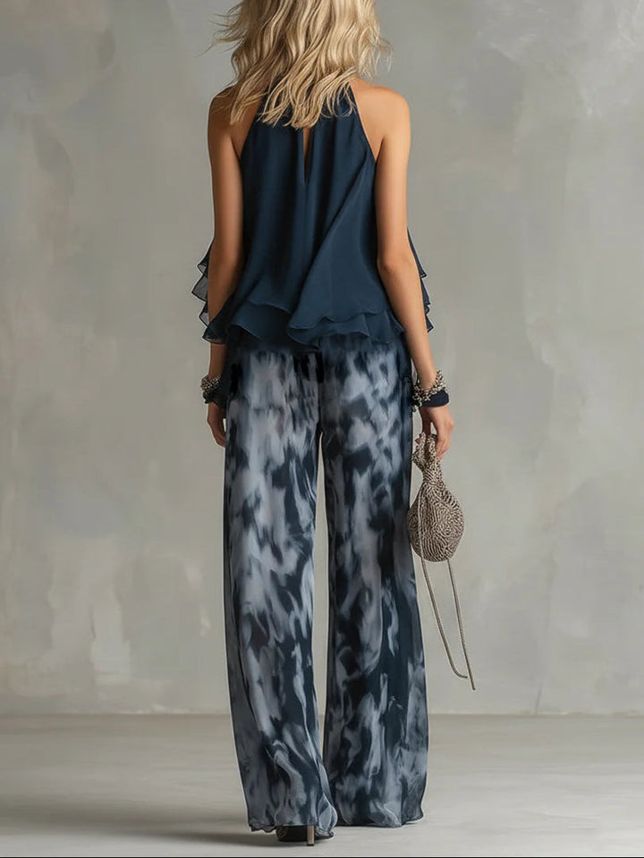 Haut à Encolure Halter Marine et Pantalons Amples Imprimés en Chiffon