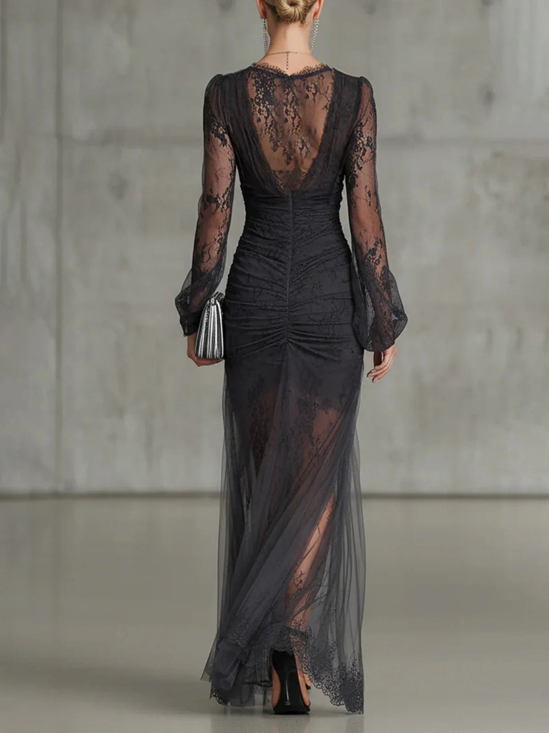 Robe Maxi Longue Grise Foncée en Dentelle avec Manches Longues et Fente