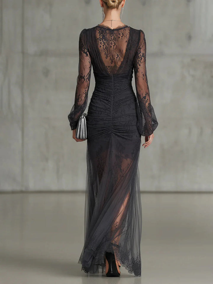 Robe Maxi Longue Grise Foncée en Dentelle avec Manches Longues et Fente