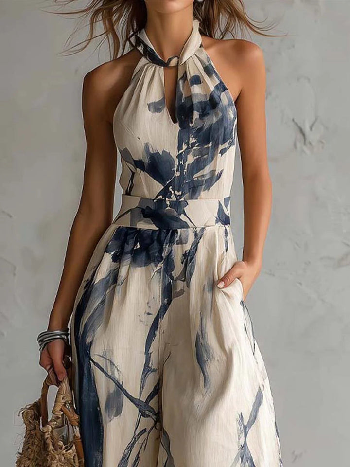 Combinaison à Décolleté Halter avec Imprimé Encre et Pantalons Amples avec Poches