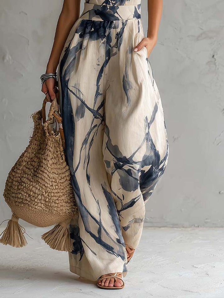 Combinaison à Décolleté Halter avec Imprimé Encre et Pantalons Amples avec Poches