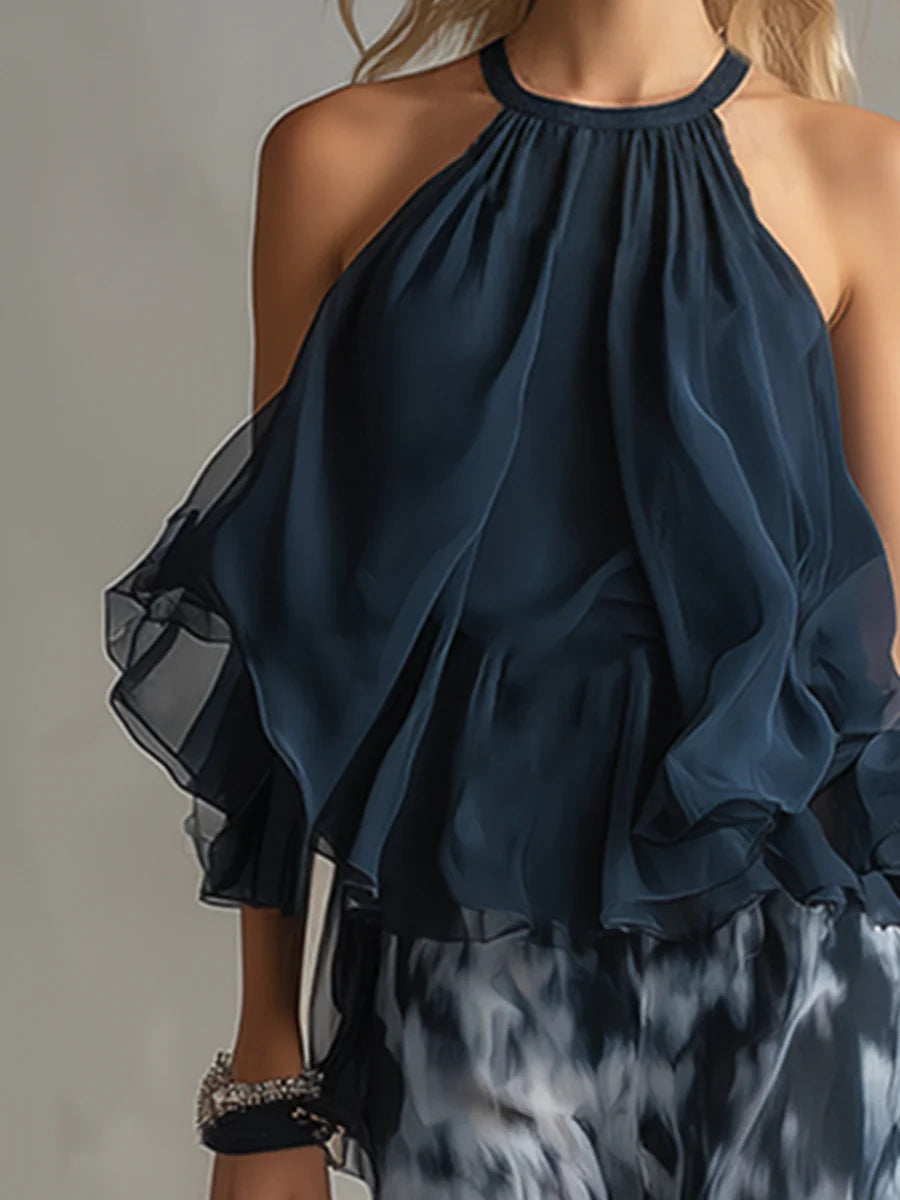 Haut à Encolure Halter Marine et Pantalons Amples Imprimés en Chiffon
