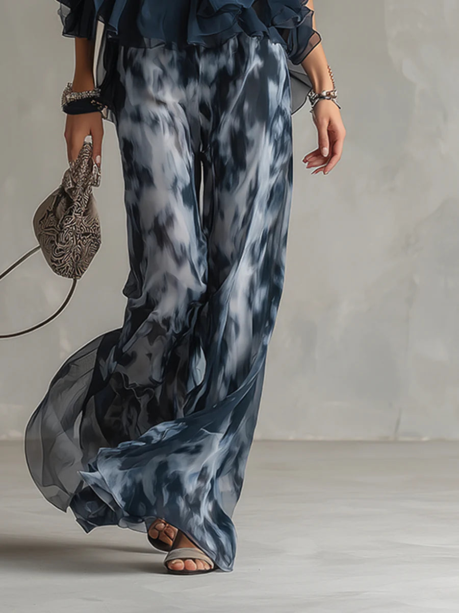 Haut à Encolure Halter Marine et Pantalons Amples Imprimés en Chiffon