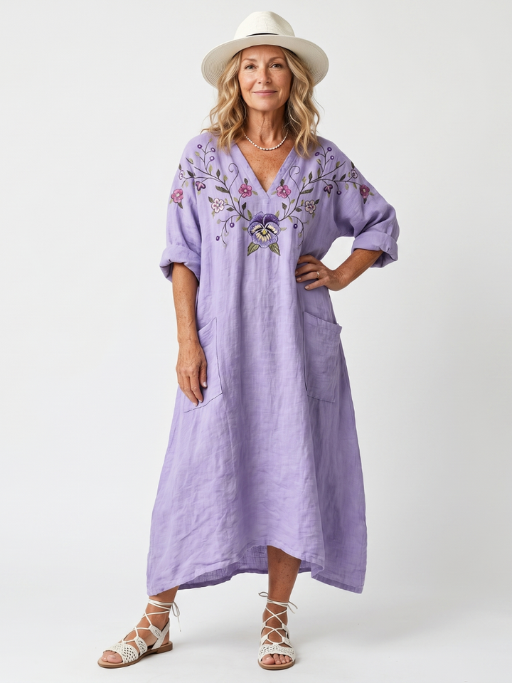 Tavi | Robe Midi Oversize à Poches Brodée de Fleurs