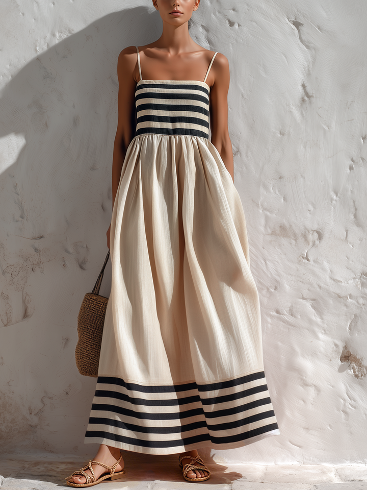 Sylvia | Robe longue à rayures noir et beige à fines bretelles