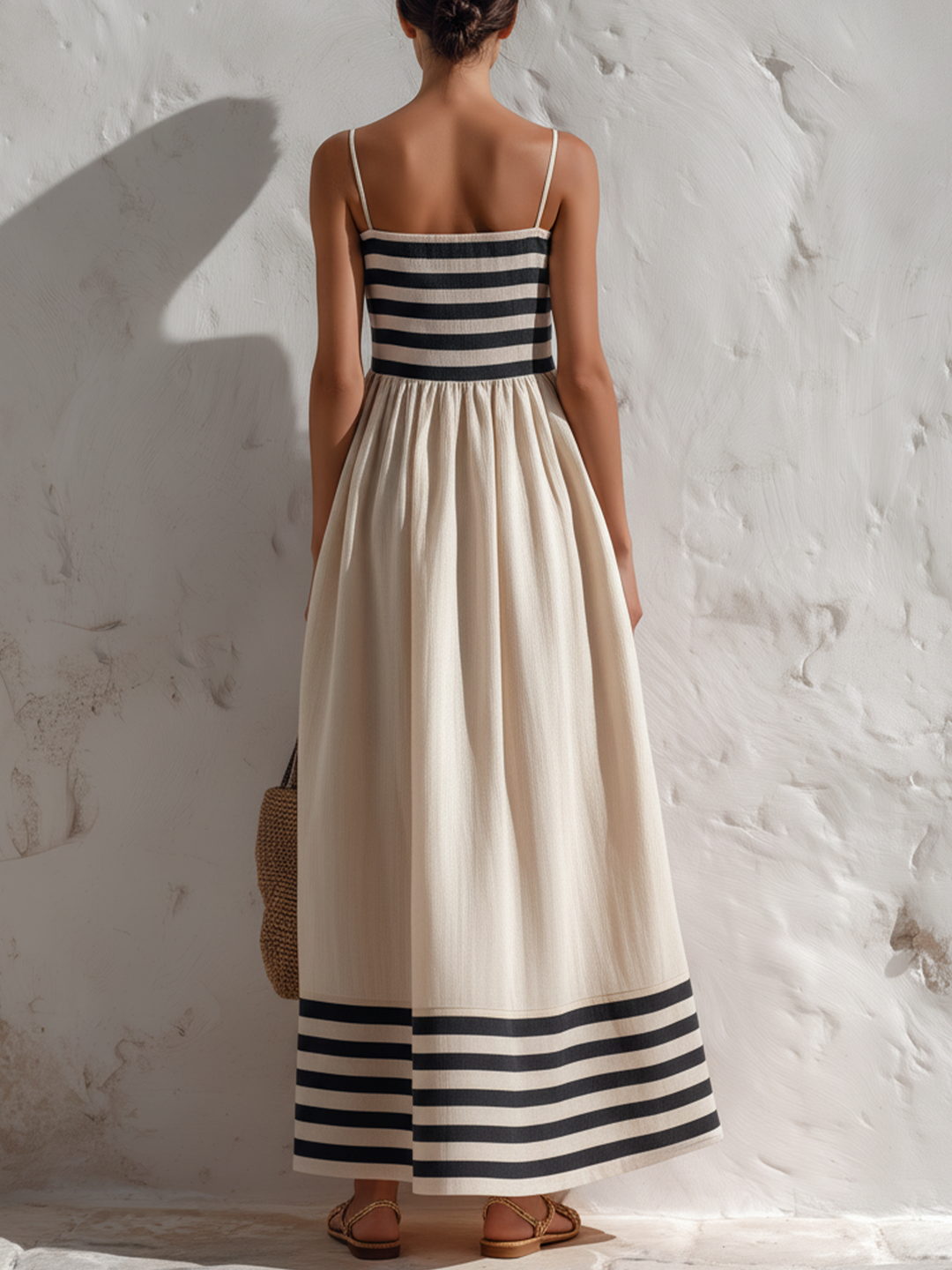 Sylvia | Robe longue à rayures noir et beige à fines bretelles