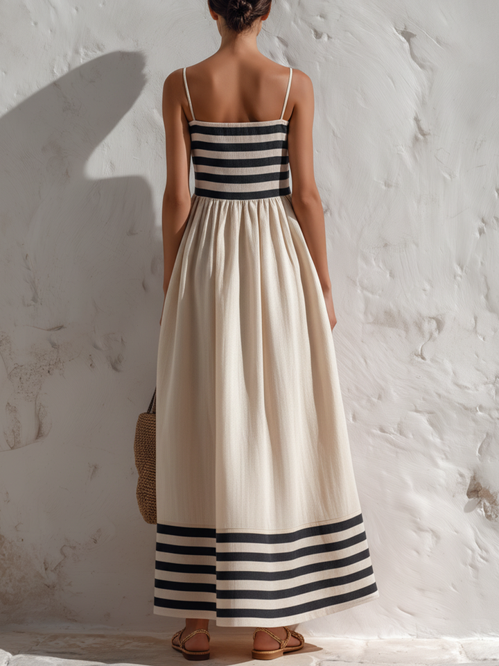 Sylvia | Robe longue à rayures noir et beige à fines bretelles