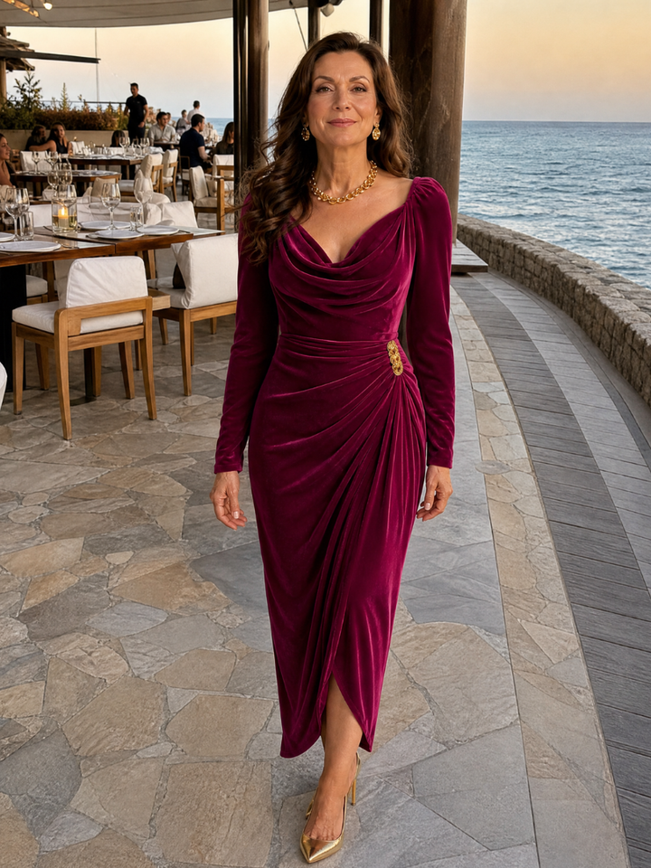Auvelle | Robe Midi Satin à Col Drapé