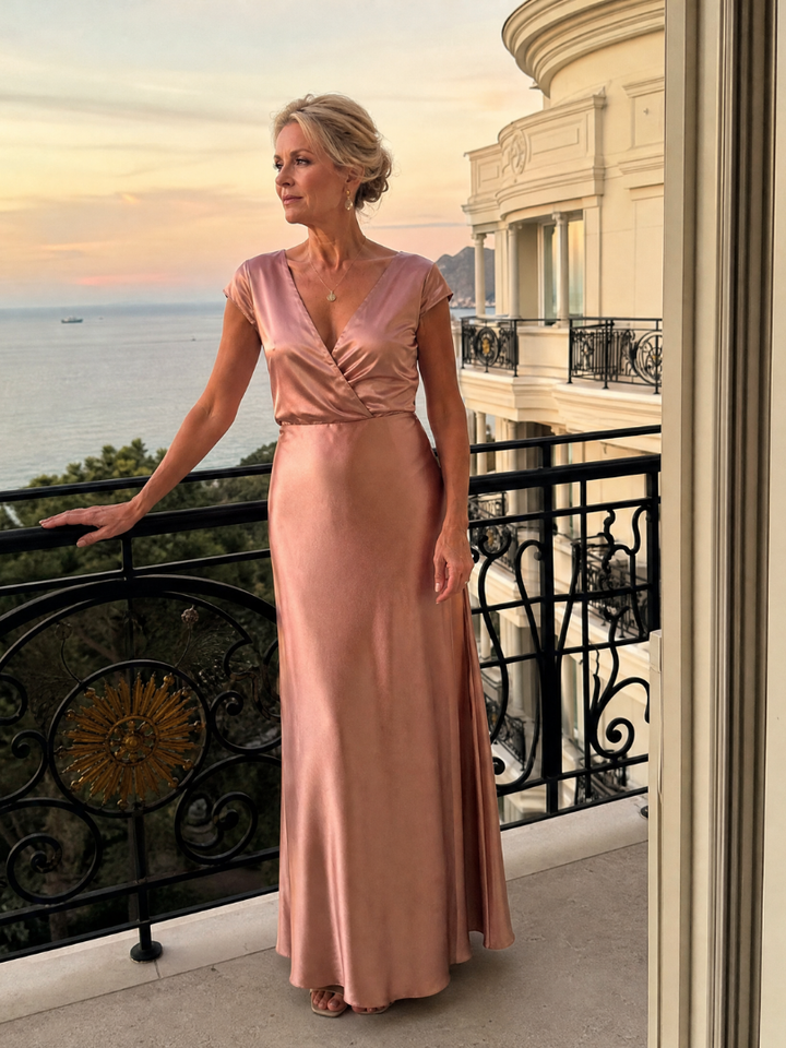 Auvelle | Robe Maxi à Manches Courtes et Corsage Drapé