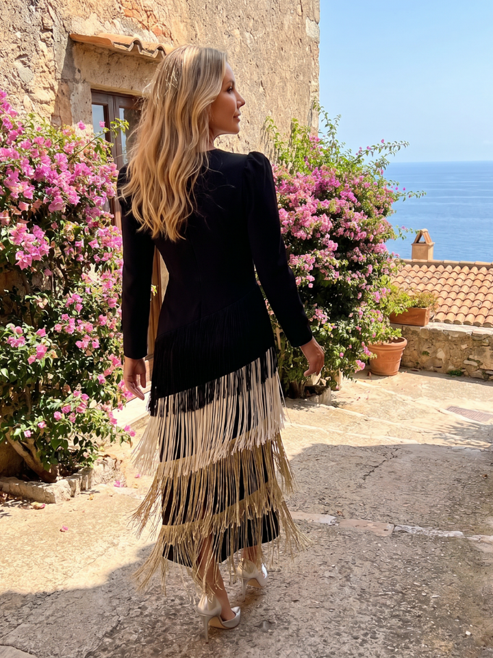 Auvelle | Robe Midi à Manches Longues avec Franges Douces