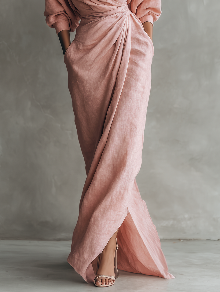 Marie - Robe Maxi Minimaliste Rose avec décolleté en V en mélange de Lin pour Femme