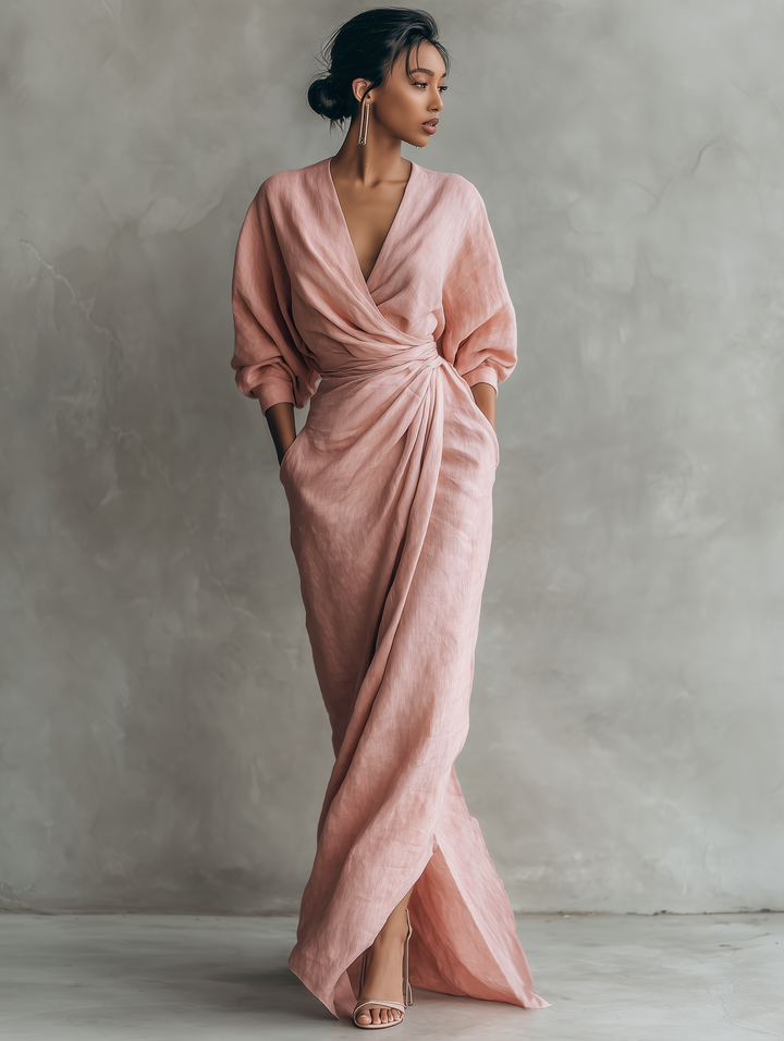 Marie - Robe Maxi Minimaliste Rose avec décolleté en V en mélange de Lin pour Femme