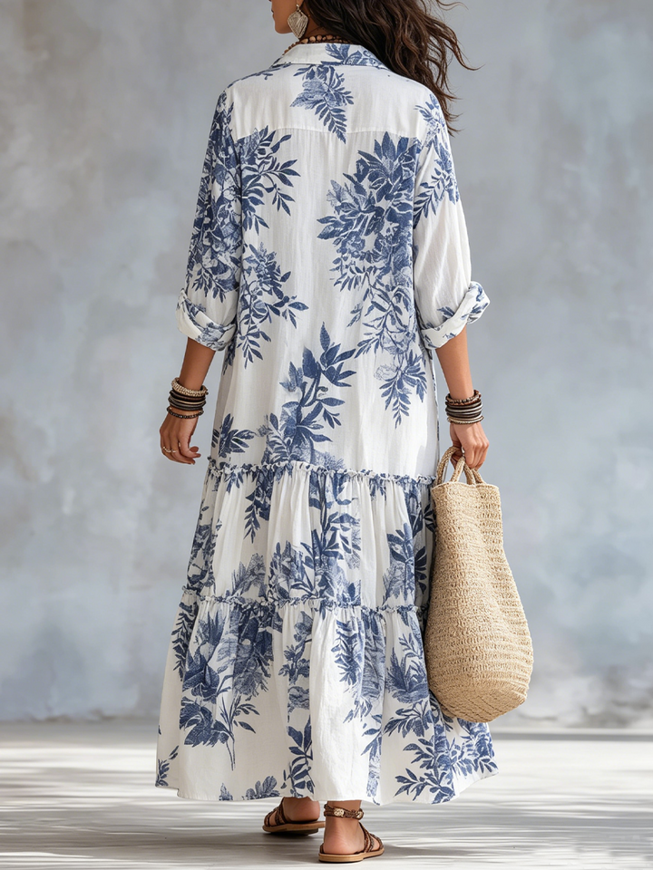Robe Maxi Boutonnée Florale Bleue Bohème