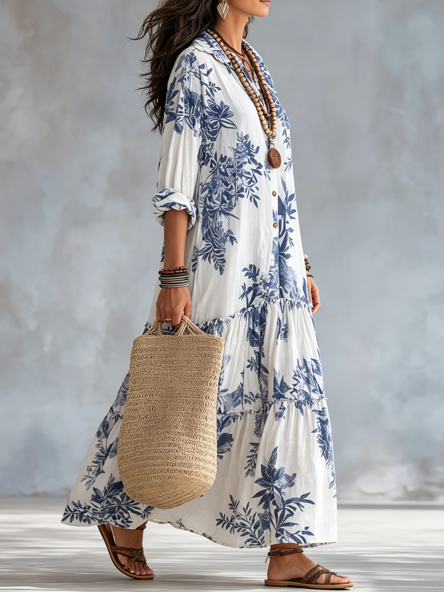 Robe Maxi Boutonnée Florale Bleue Bohème