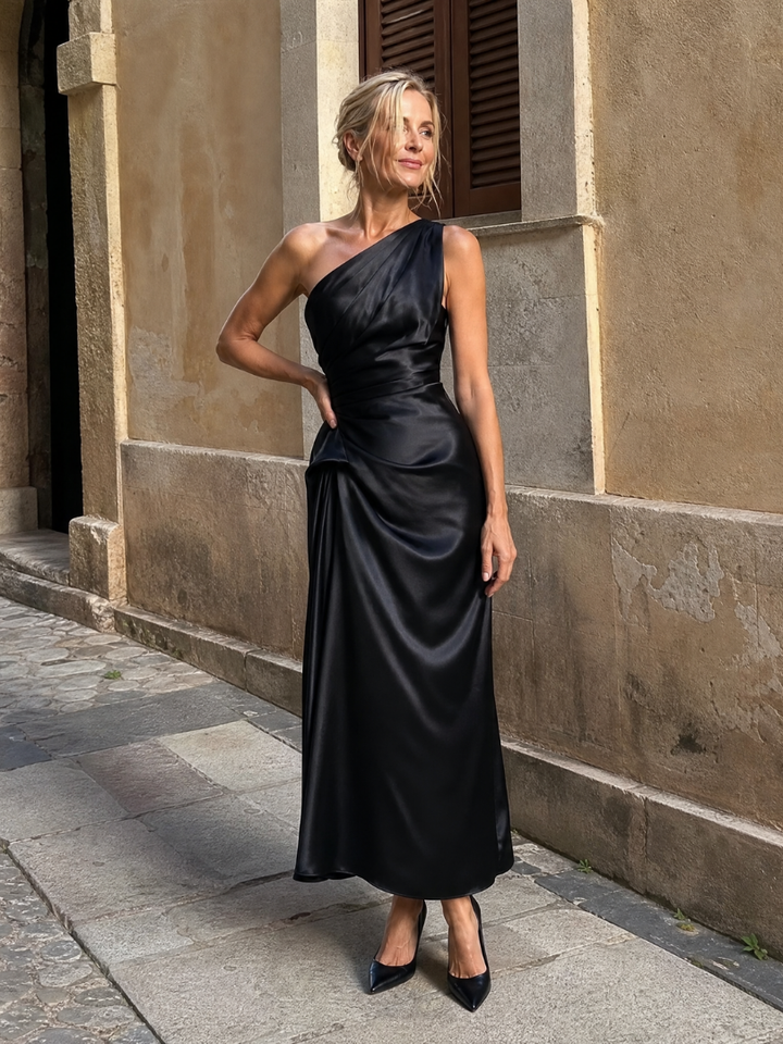 Auvelle | Robe Midi Drapée Satinée à Une Épaule