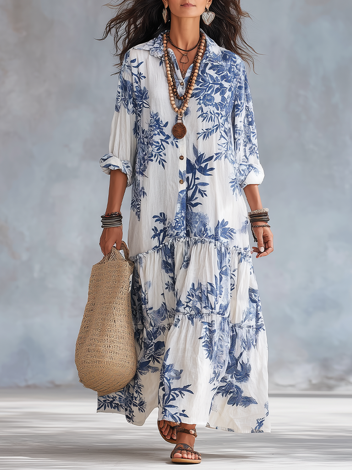 Robe Maxi Boutonnée Florale Bleue Bohème