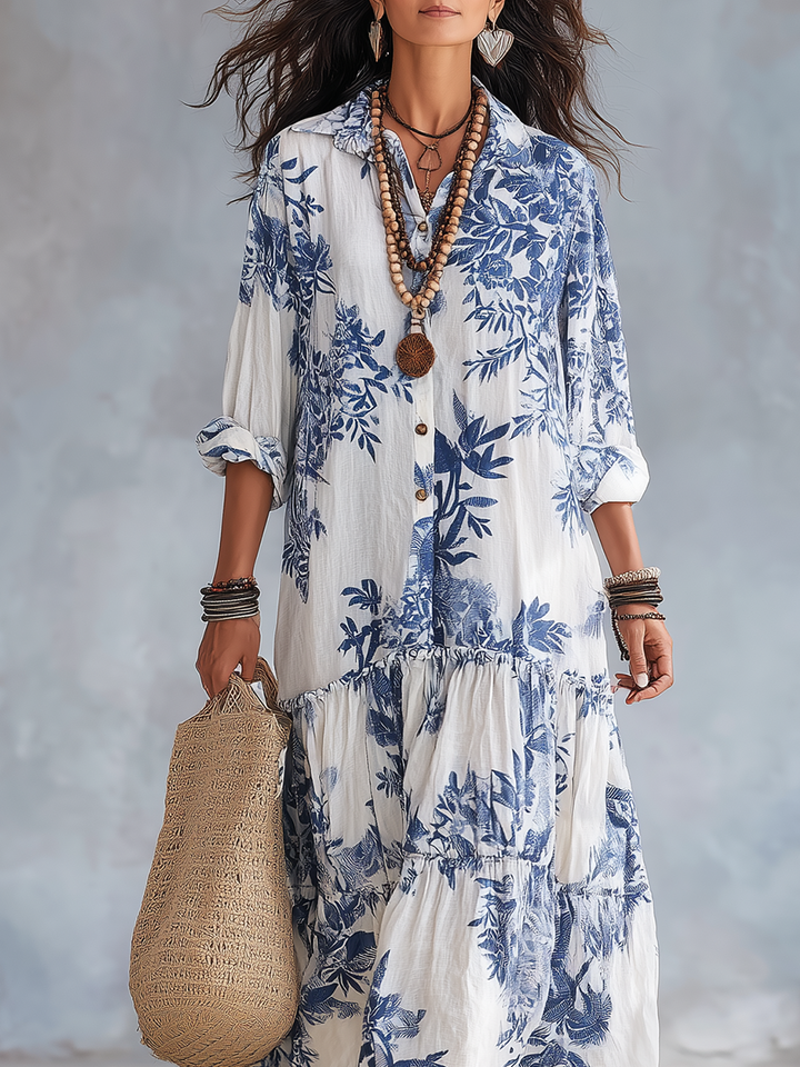 Robe Maxi Boutonnée Florale Bleue Bohème