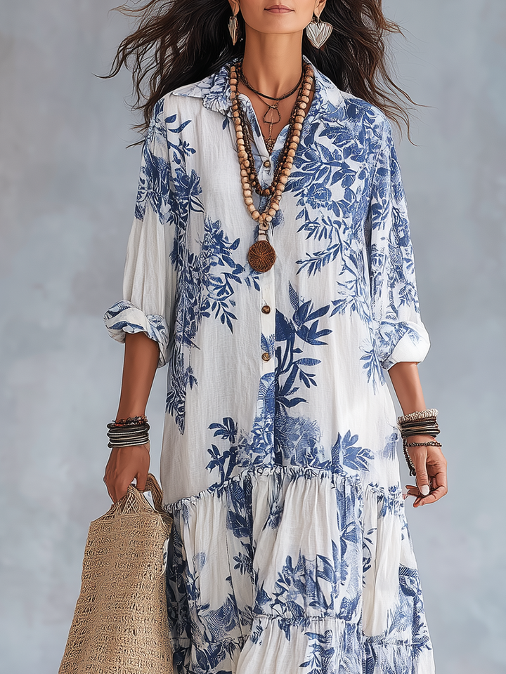 Robe Maxi Boutonnée Florale Bleue Bohème
