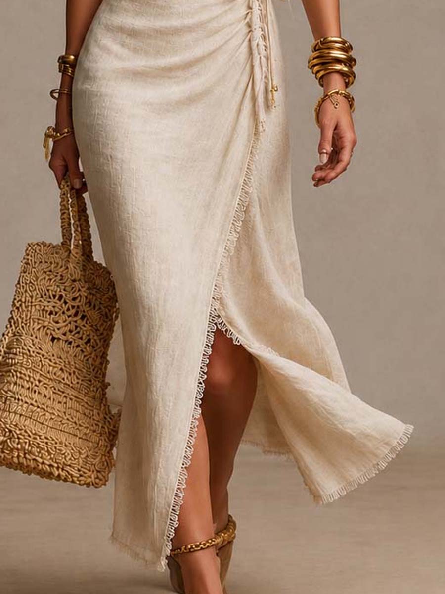 Sarah | Robe midi en lin à décolleté croisé et finitions en dentelle