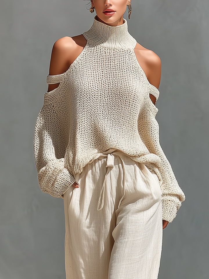 MARIA | Ensemble Top Col Roulé à Épaules Dénudées en Tissu Tricoté