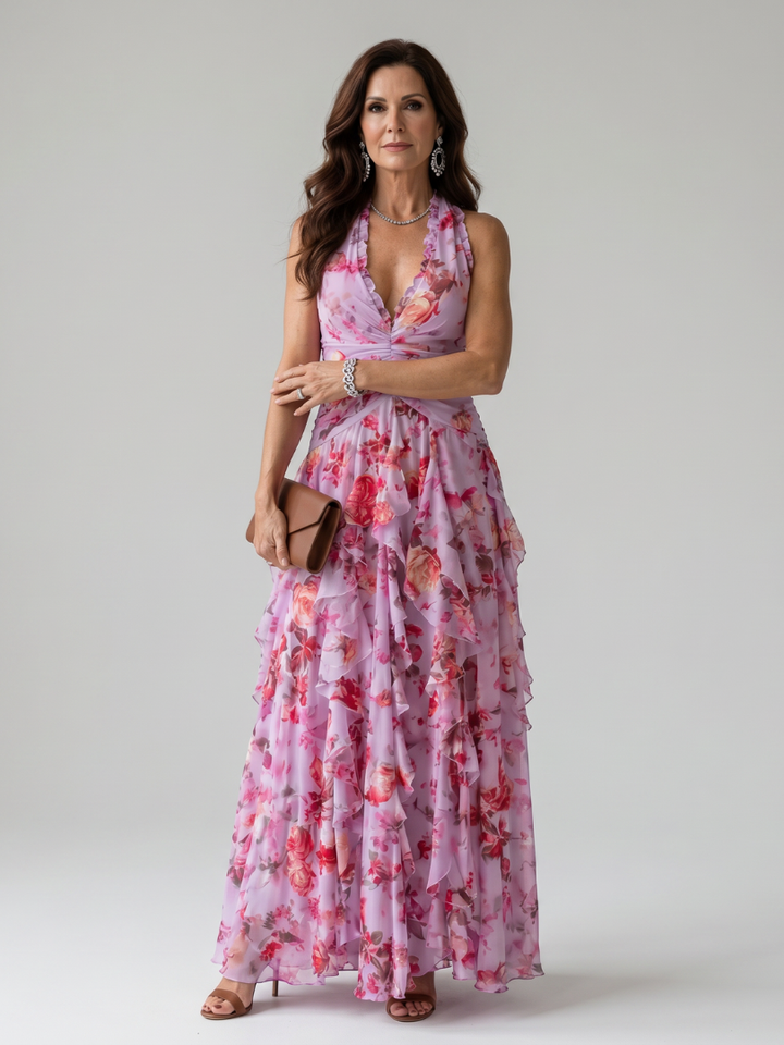 Auvelle | Robe Maxi Fleurie à Encolure Halter et Corps Froncé