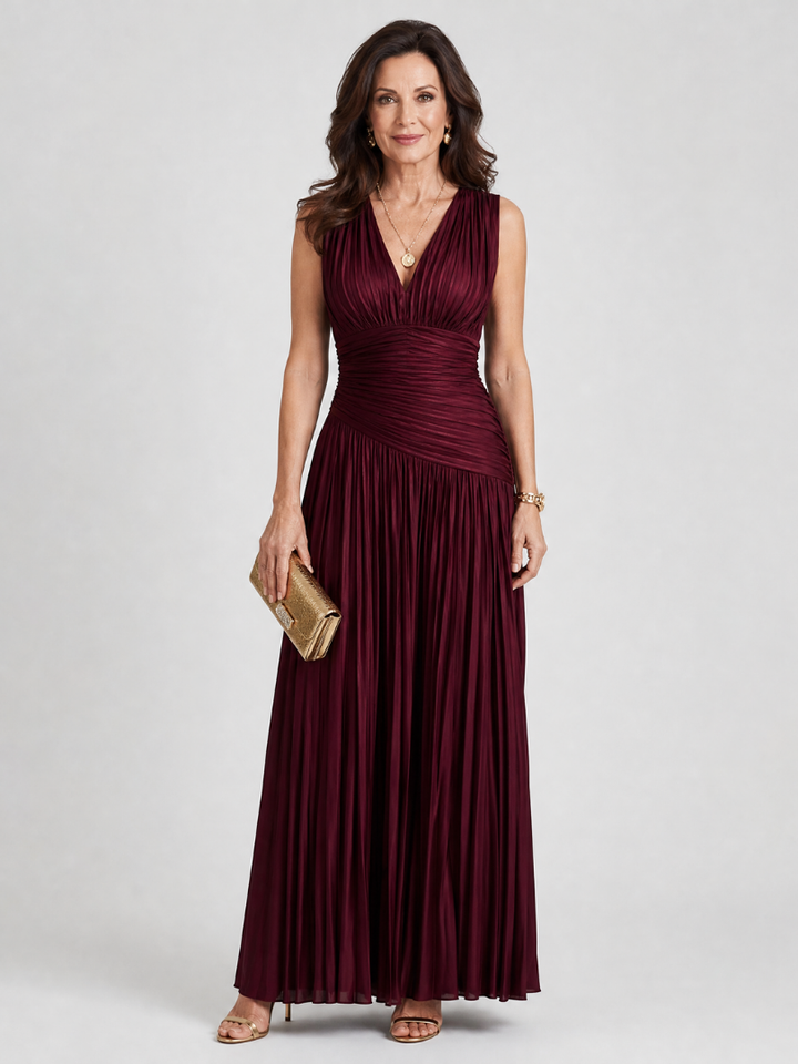 Auvelle | Robe Midi Sans Manches à Col V Plissé