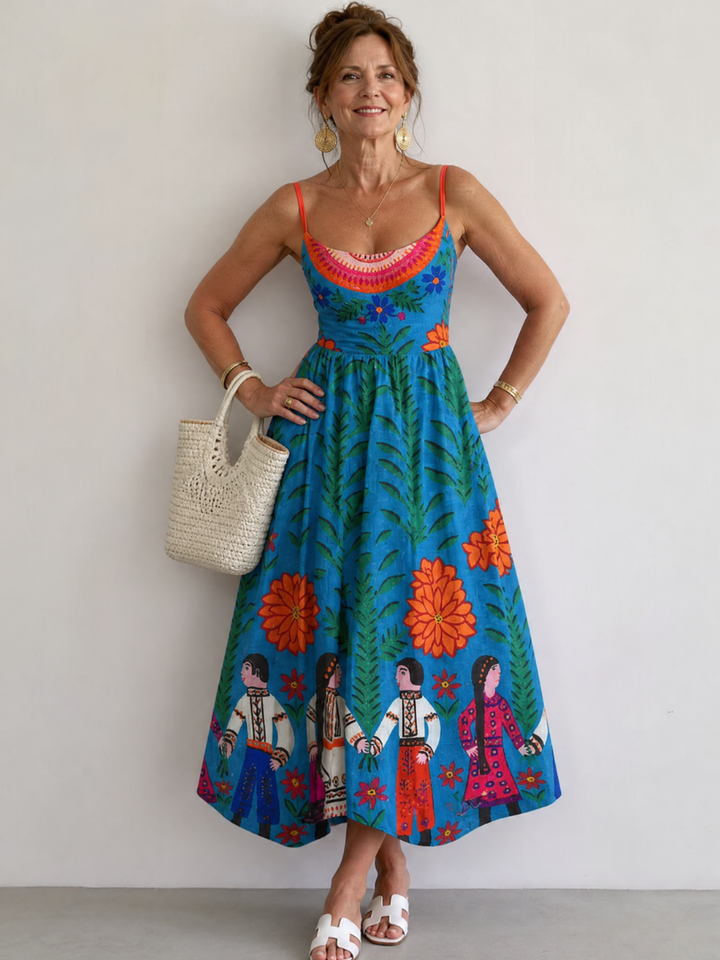 Auvelle | Robe Midi Sans Manches Imprimé Folk