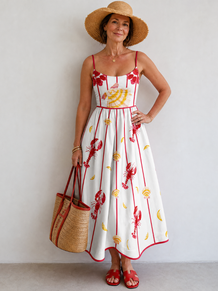 Auvelle | Robe Midi Imprimée Homard et Coquillage