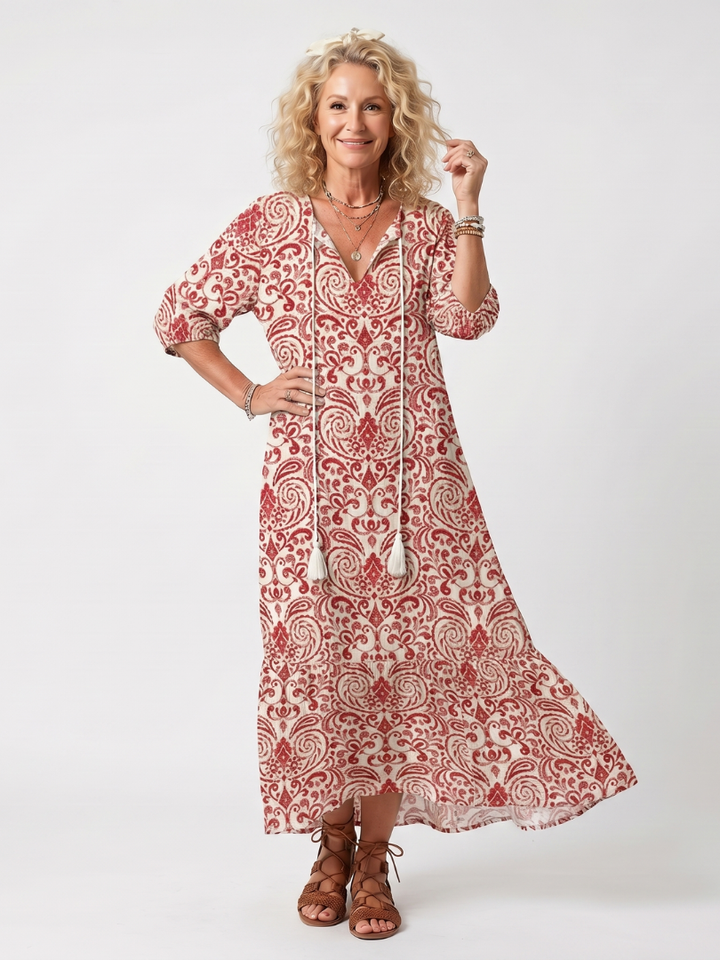 Noelle | Robe midi à imprimé orné avec liens à franges