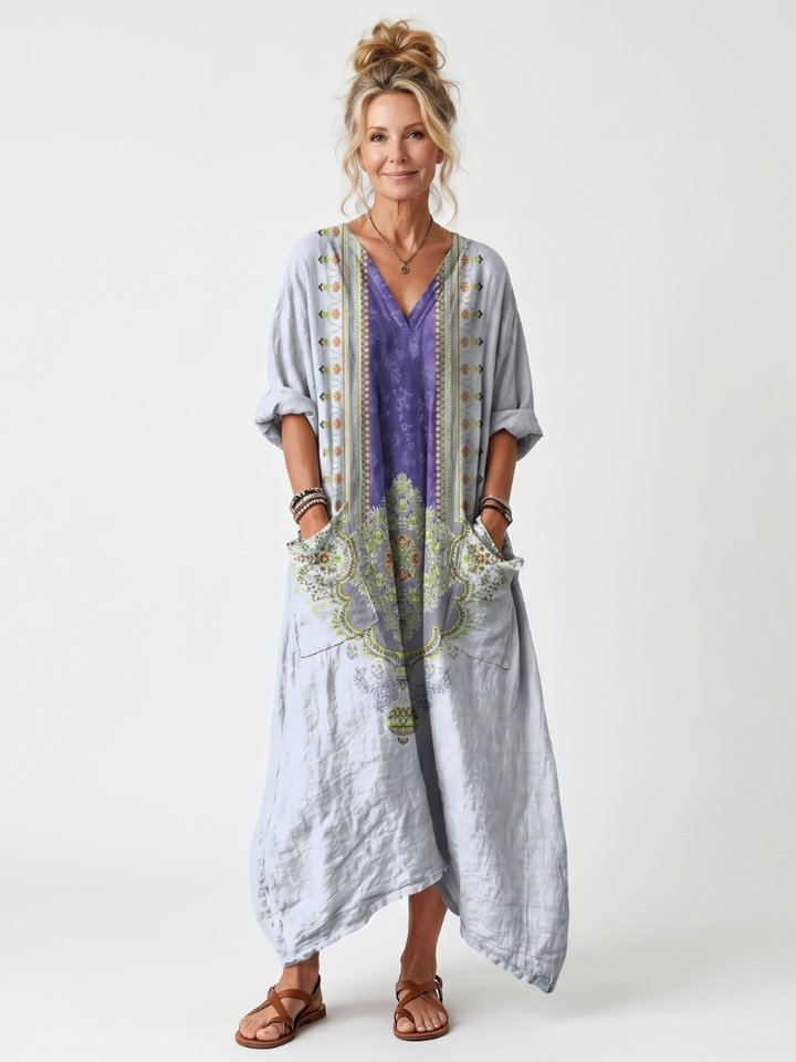 Raina | Robe midi surdimensionnée à panneaux contrastés et broderies