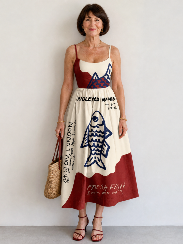 Auvelle | Robe Midi Sans Manches avec Graphisme de Poisson