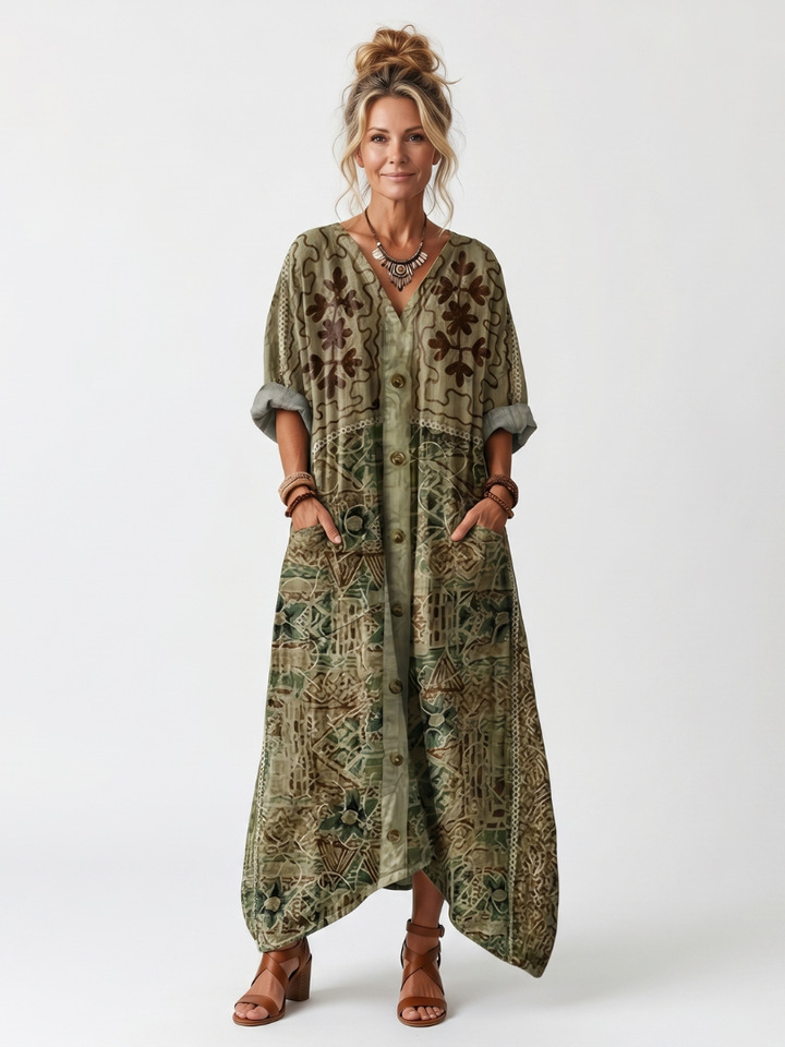 Aleta | Robe Midi Oversized à Poches Brodées et Boutons