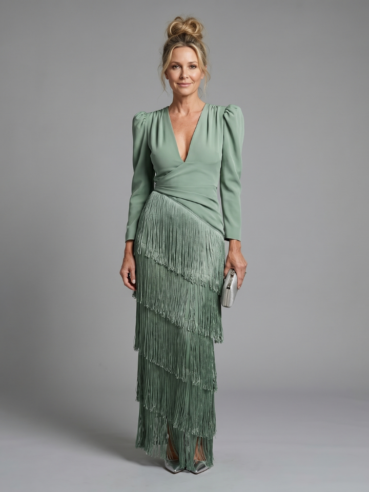 Auvelle | Robe Midi à Manches Longues avec Franges Douces
