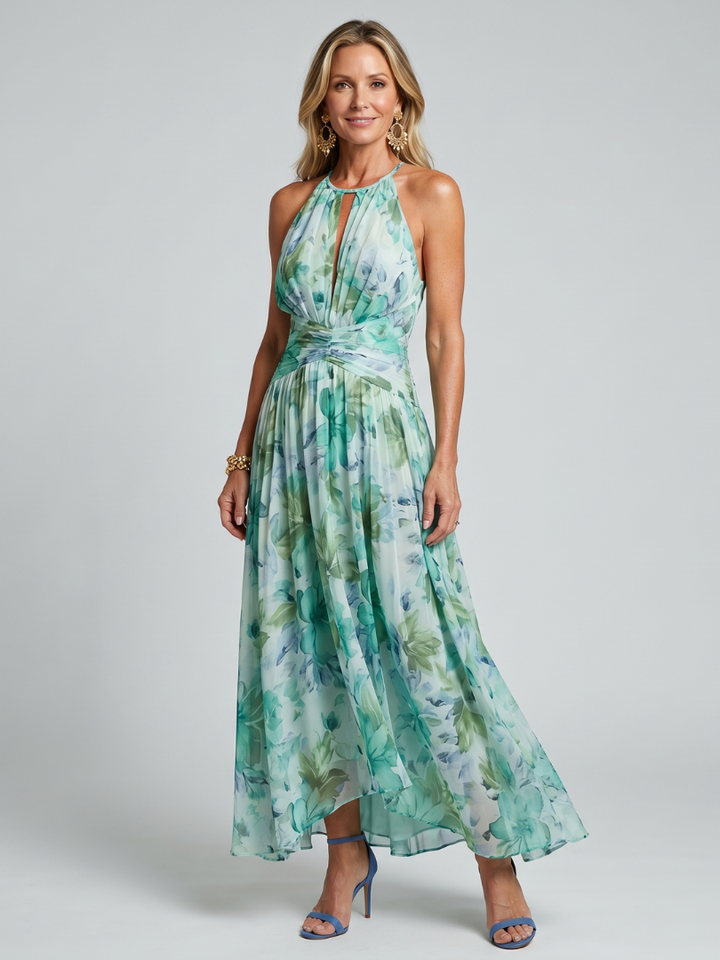 Auvelle | Robe Midi à Bretelles Plissée avec Motif Floral Doux