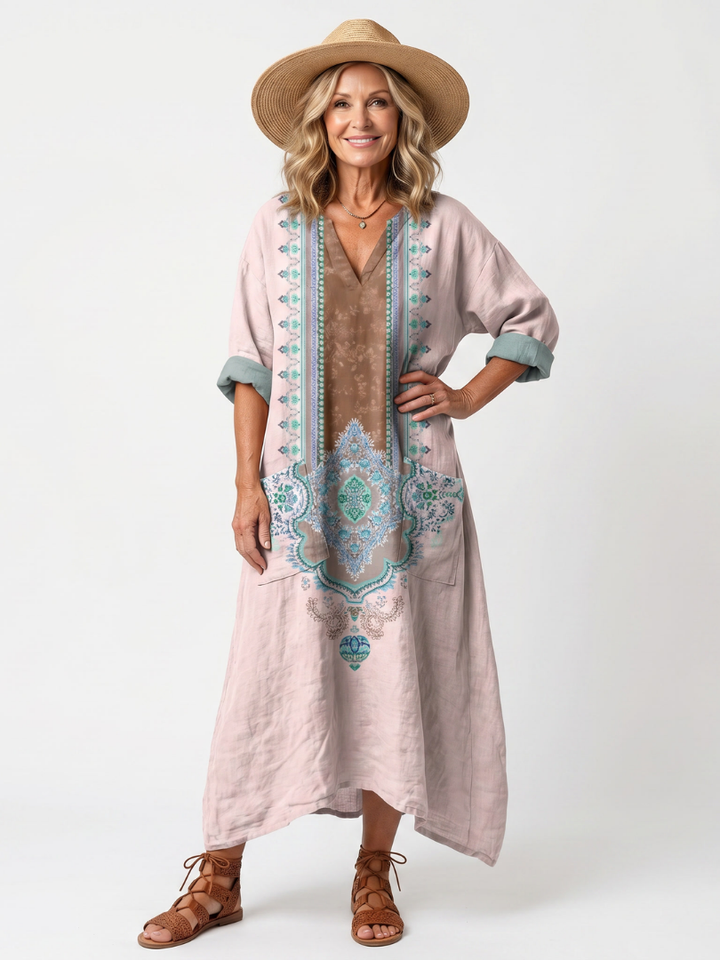 Kenza | Robe midi décontractée à panneaux brodés avec poches