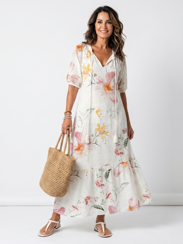 Noa | Robe Midi à Volants en Fleurs Douces