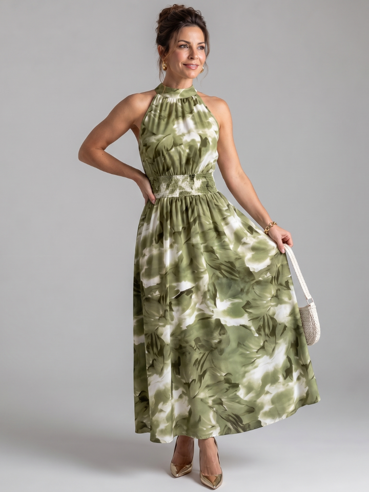 Olivia | Robe Midi Imprimé Abstrait à Taille Roulée